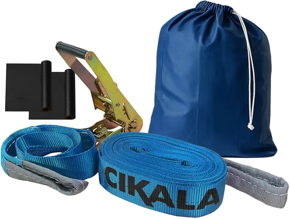 Slackline Azul 15 M Catraca + Alças + Protetores + Bolsa