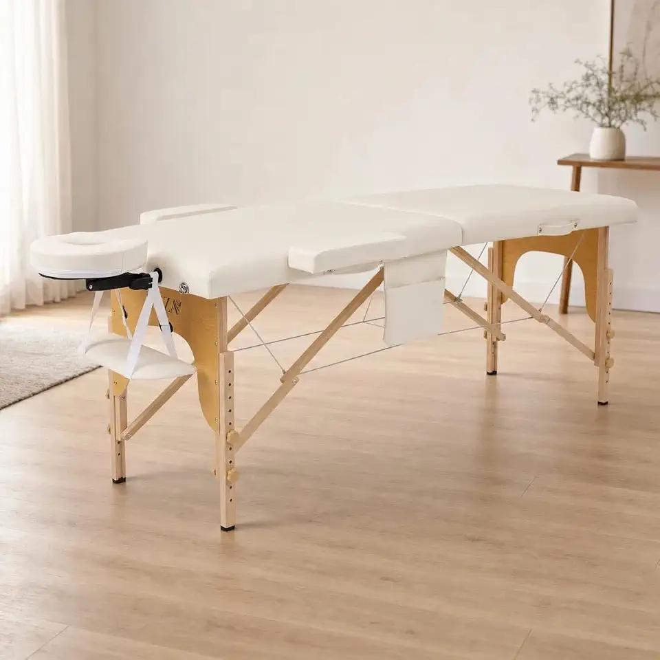 BKZA - MSG - Cama Maca de Massagem Portátil Premium, Cama de Tatuagem, Estética, Massoterapia, Spa, Altura Ajustável, Estrutura de Madeira Resistente com acessórios e bolsa de transporte (New White)