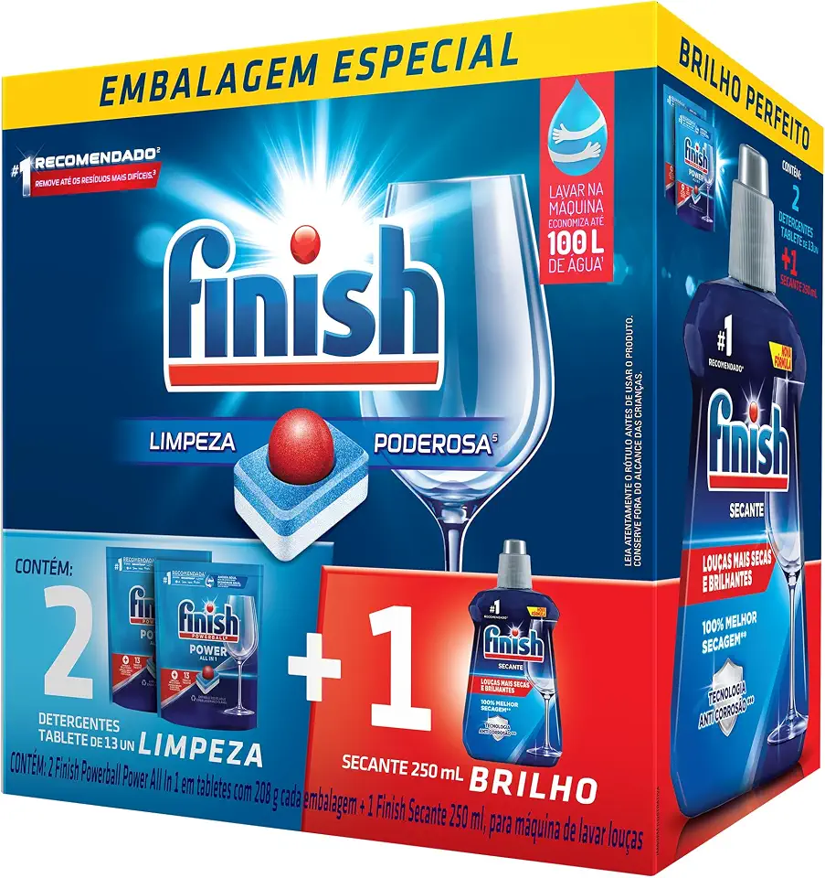 Kit 2 Detergentes Lava Louças Finish Powerball 13 tabs + 1 Finish Secante 250ml