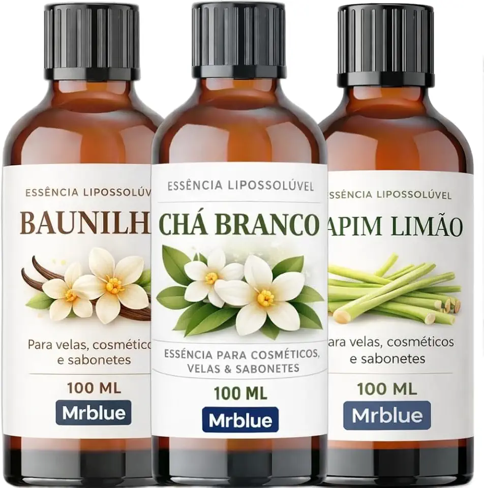 Kit 3 Essencias Lipossoluveis Para Velas Plus 100ml- Chá Branco, Capim Limão e Baunilha