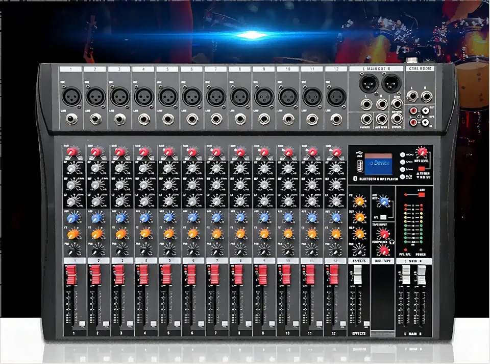 VEDO Mesa de som 12 canal, Small Stage Bluetooth USB MP3, entrada 48V Phantom Power DJ Audio Network Karaoke Mobile Live High Power Mixer Professional 12 Channel Studio Audio Mixer 110V/220V 12 canais