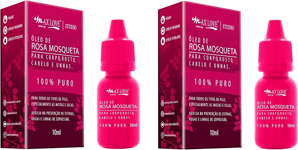 Óleo de Rosa Mosqueta 100% Puro Max Love - Kit 2x 10ml - Reduz Cicatrizes, Estrias e Marcas de Acne - Hidratação e Viço para Pele