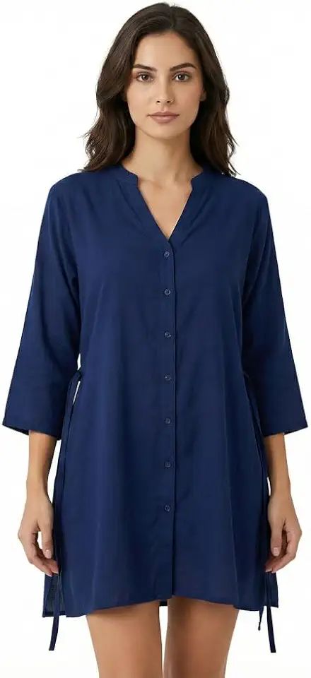 Saída De Praia Chemise Túnica Feminina Tecido Viscose Cores Lisas com Fechamento de Botão Bolsos e Amarração Traseira Afina Cintura