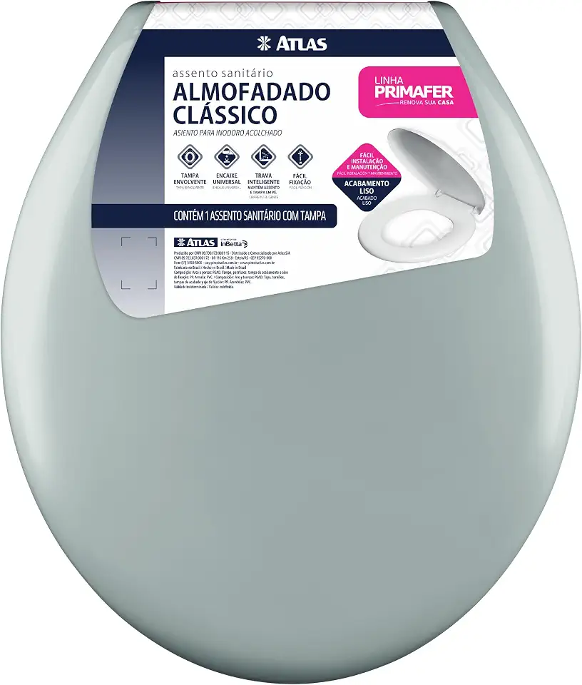 Atlas - Assento Sanitário Plástico Almofadado Clássico com Kit de Fixação, Cor Cinza