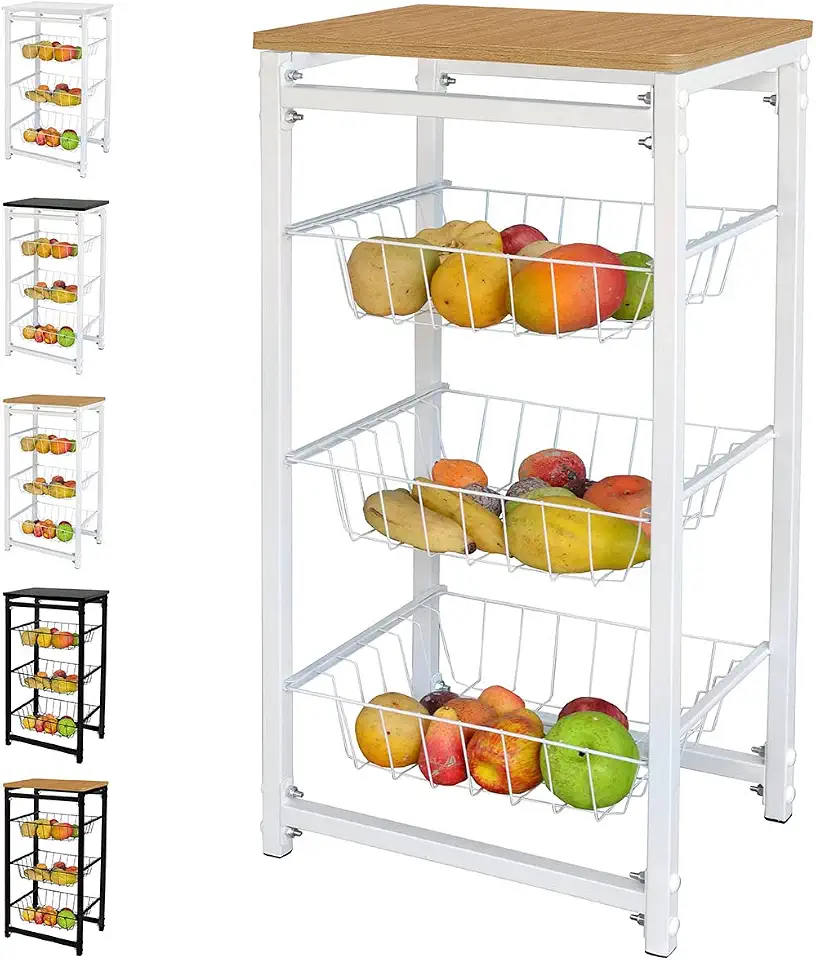 Utility Fruteira De Chao Cozinha Tampo Madeira Florenca de Ferro Cor:Branco/Itauba
