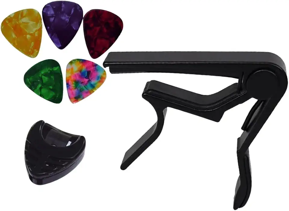 Capotraste Pestana Braçadeira Violão Guitarra Ukulele+ Porta Palhetas + 5 Palhetas (Preto)