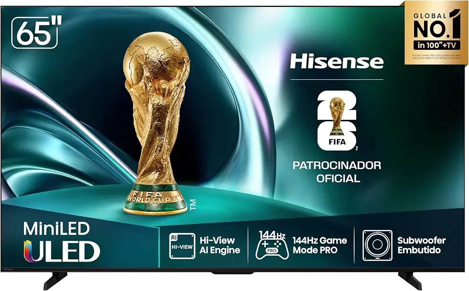 Hisense Smart TV 4K 65" Polegadas 65U7QG Mini LED 144Hz com Dolby Vision IQ, HDR10+ Adaptative, Dolby Vision IQ, Dolby Gaming, HLG, Filmmaker Mode, Dolby Atmos, Compatibilidade Alexa, Google Home