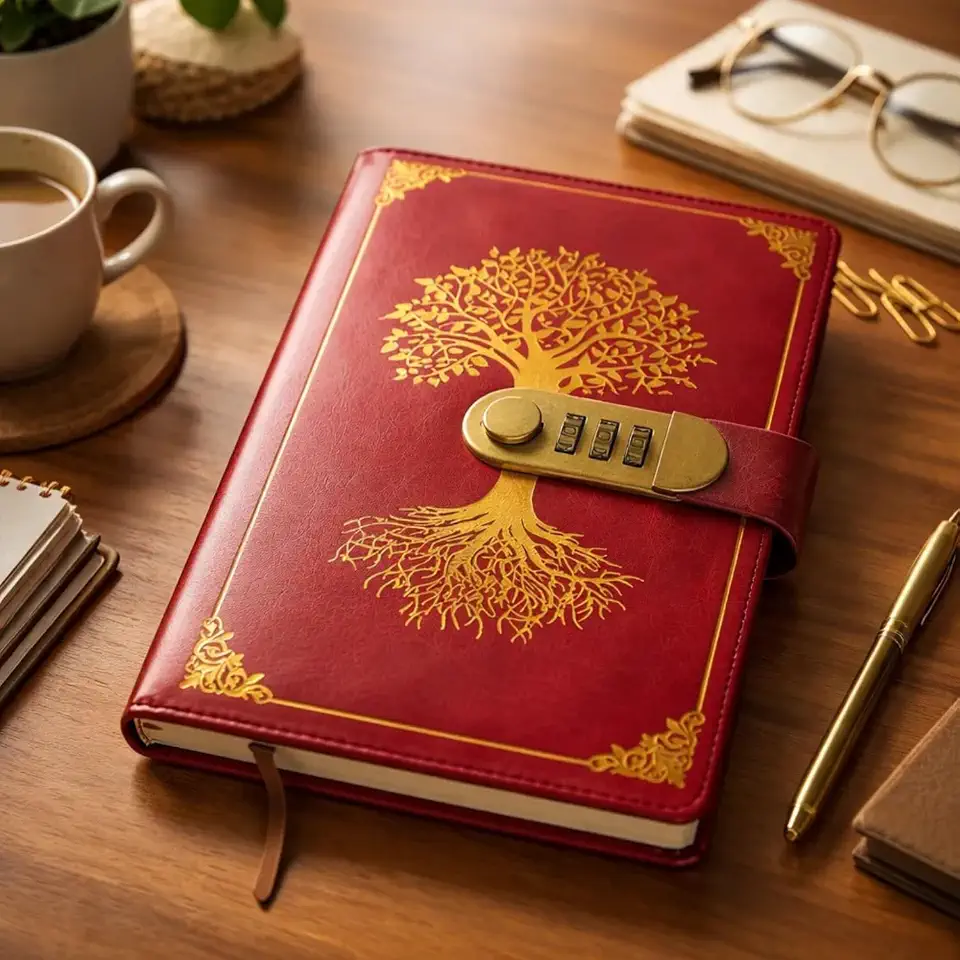 Caderno Diário Com Pauta Cadeado de Senha Árvore Couro Vintage A5 Segredo com Trava de Combinação Lock Fechadura Agenda Anotações Pautado 100 Páginas (vermelho)
