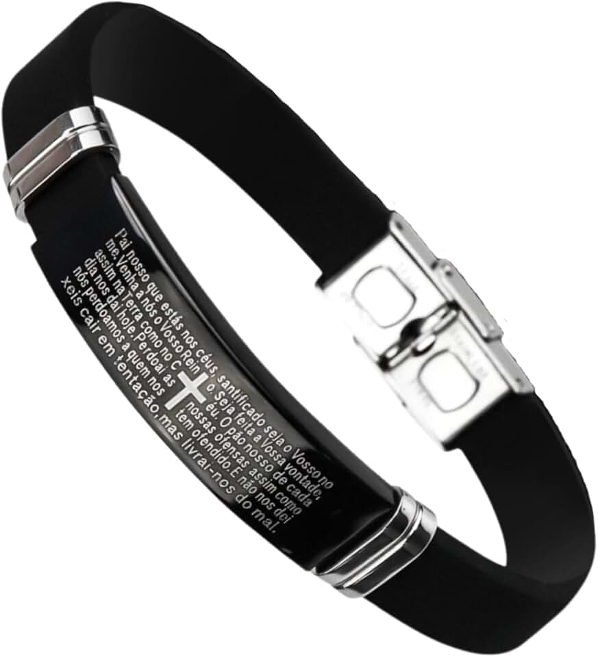Pulseira Masculina Pai Nosso Aço Preta Bracelete Premium Oração