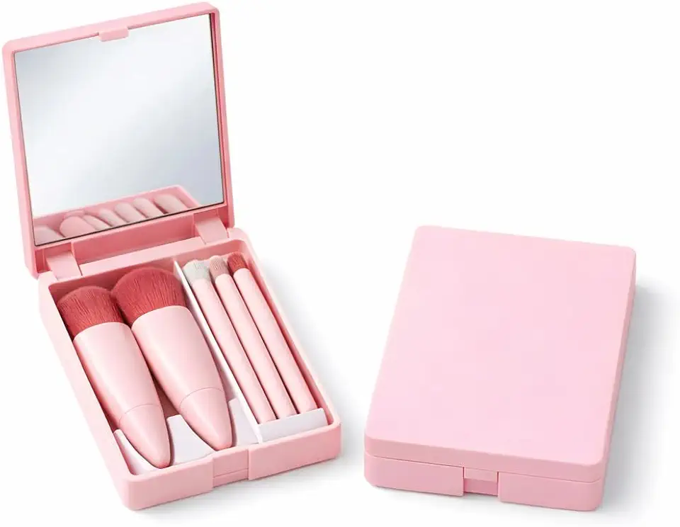 Kit de Pincéis de Maquiagem com Estojo Portátil - Com Espelho Integrado, 5 Peças
