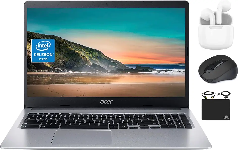 Acer Notebook Chromebook 2023 com luz fina, tela HD de 15,6 polegadas, Intel Celeron N4020 de núcleo duplo (até 2,80 GHz), 4 GB de RAM, 64 GB de eMMC, webcam, WiFi, bateria longa, Chrome OS +