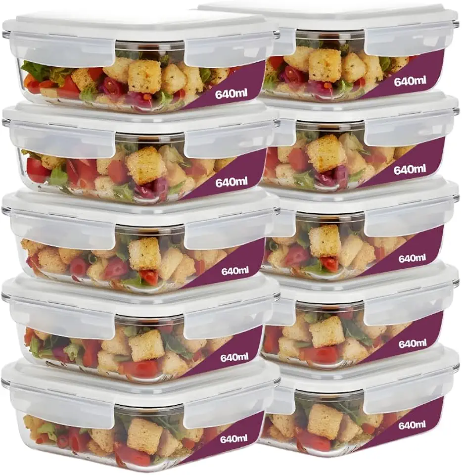 Kit 10 Potes de Vidro Borossilicato Retangular 640ml Marmita Com Tampa Hermética 4 Travas Resistente Livre de BPA Ideal para Conservação de Alimentos Freezer Micro-ondas Lava-louças Premium