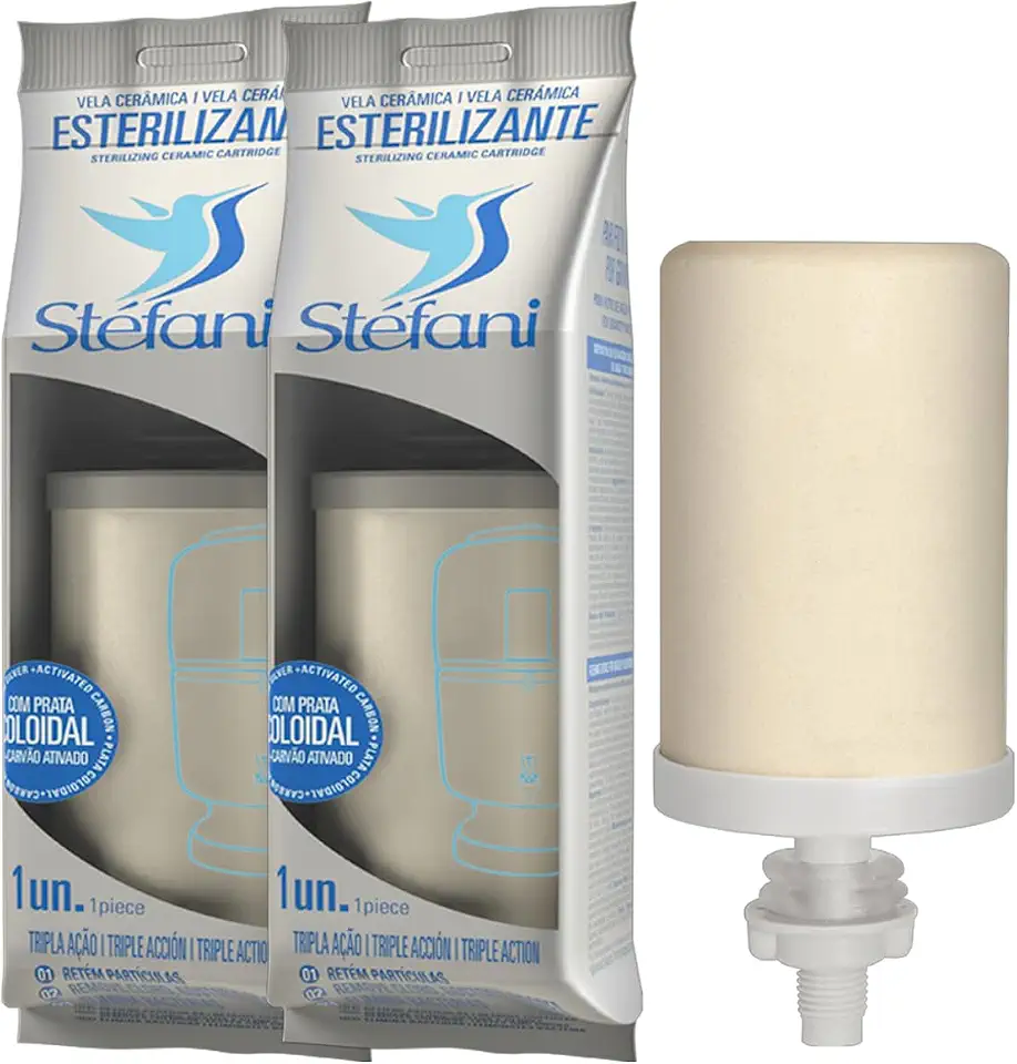 Kit 2 Velas Tripla Ação Stéfani para Filtro de Barro e Gravidade | Carvão Ativado + Prata Coloidal | Refil Universal | Reduz Cloro, Odores e Impurezas