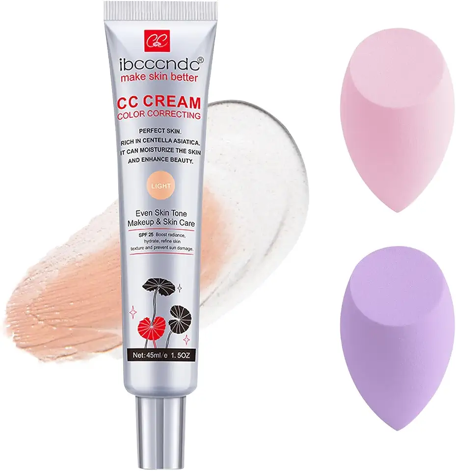 Base de creme CC para correção de cores, corretivo de poros invisíveis, rico em centella asiática, creme CC hidratante e impermeável com FPS 25 (leve)
