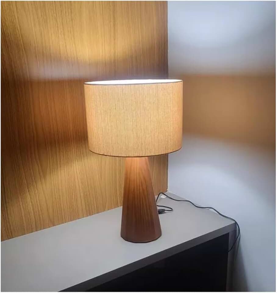 Abajur de Mesa, Base em Madeira Pinus, Estilo Moderno Cúpula Redonda CREME