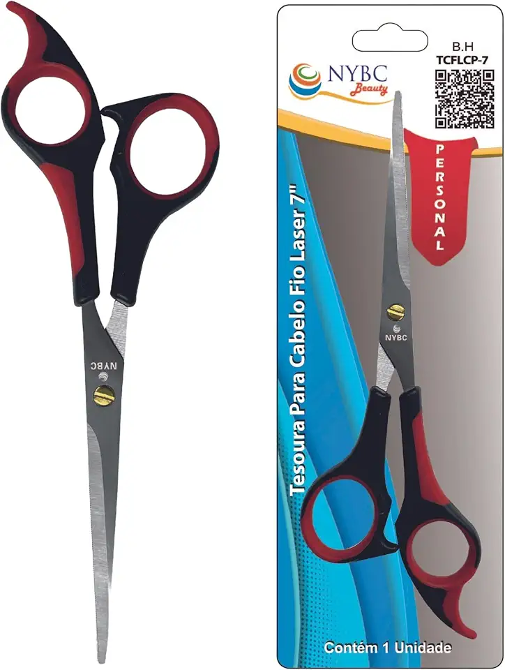 Tesoura Para Cabelo Fio Laser NYBC Beauty - 7" - 182mm, Vermelha e Preta, Leve e Eficiente, Para Uso Doméstico e Profissional