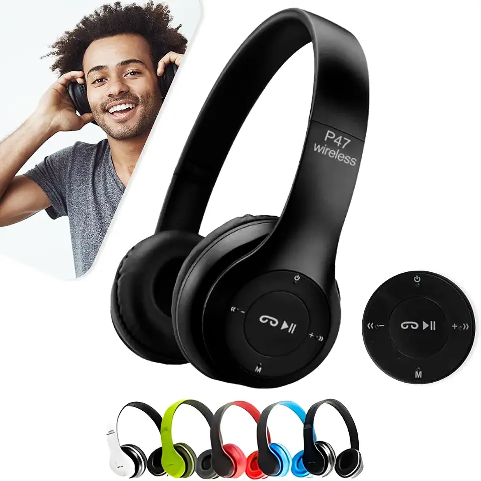 Fone de Ouvido Headphone P47 Sem Fio Bluetooth Wireless Micro Sd 5.0 Dobrável Com Microfone Regulável Para Corrida Academia Escritório Caminhada Linha Premium (Preto)