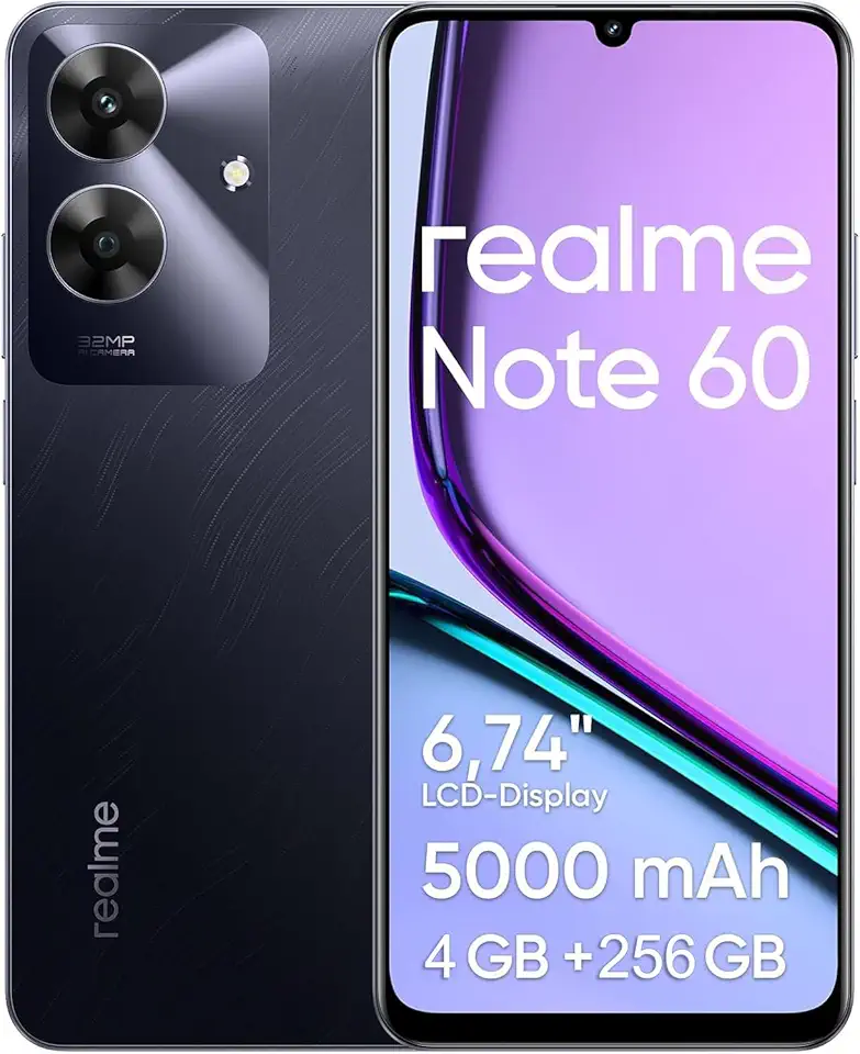 Celular Realme Note 60, 256GB ROM 4GB RAM 6.74“ Tela, 5000mAh Android 14 Octa Core Dual SIM Preto