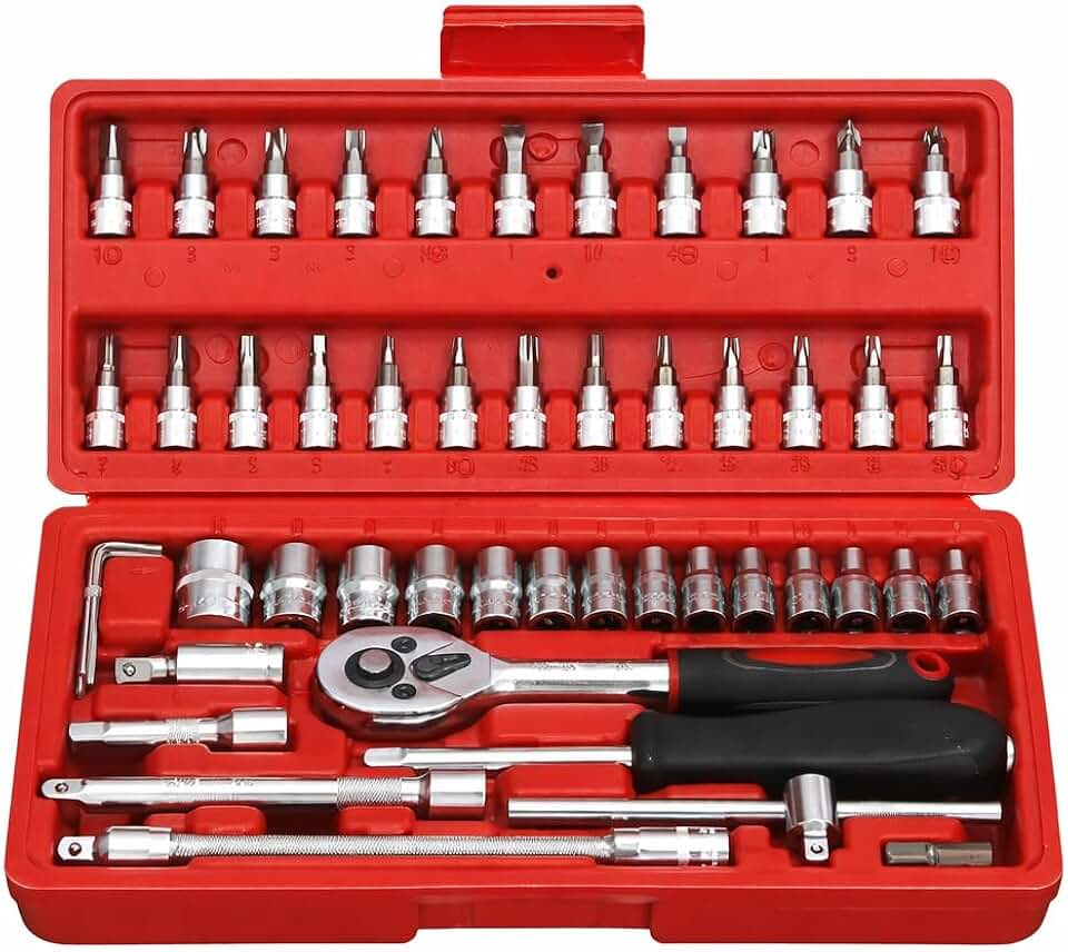 Kit Jogo de Ferramentas 46 Peças com Catraca e Soquetes em Aço Resistente – Maleta Portátil para Manutenção Automotiva, Casa e Oficina PREMIUM