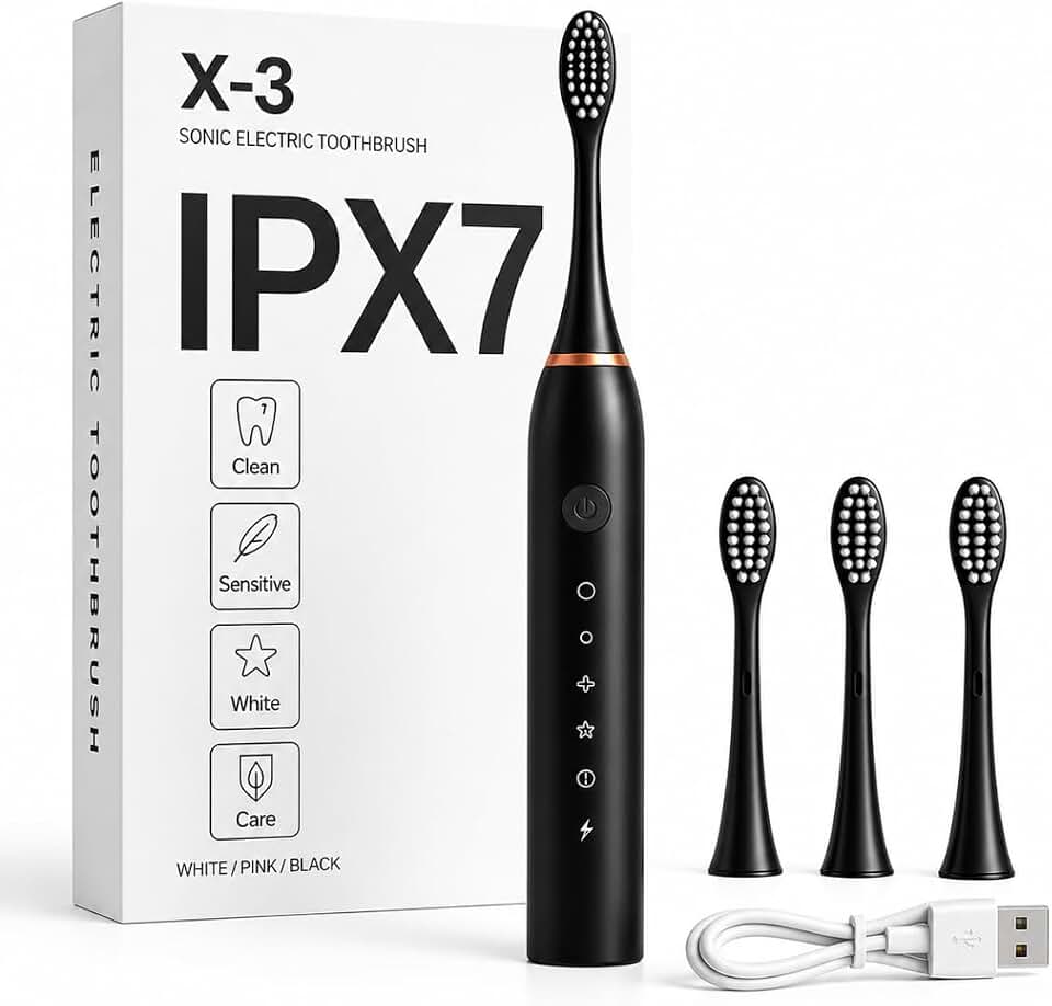 Escova de Dente Elétrica Recarregável USB Escova Dental Ultrassônica IPX7 6 Modos de Escovação Escova de Dentes Elétrica Portátil Com 3 Cabeças Substituíveis À Prova D’água (Preto)