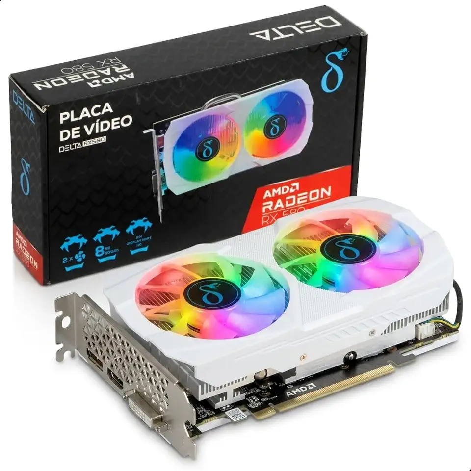 Placa de Vídeo AMD Radeon RX 580 8GB GDDR5 256 bits RGB HDMI DisplayPort DVI PCIe 3.0 Full HD para Jogos Trabalho Setup Gamer Branco
