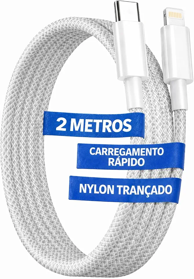 Cabo USB C para Lightning Compatível com iOS 14 13 12 11 X XR XS 8 7, 2 Metros Turbo Carregamento Rápido Reforçado Nylon Trançado Branco