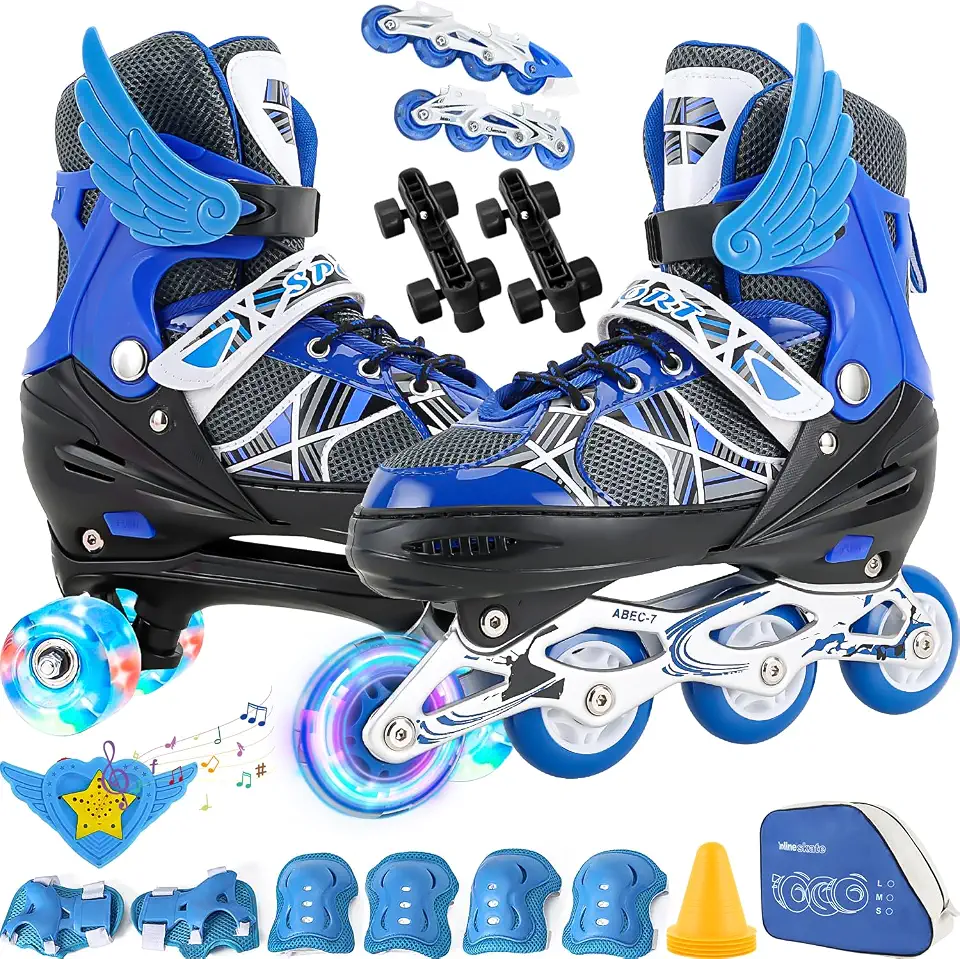 2 Em1 Patins Infantil Ajustável, Patins 4 Rodas, Patins Quad, Patins Infantil Menina, Ajustável com Bolsa e Kit Proteção, Para meninas, meninos e iniciante (Azul )P (28-32))