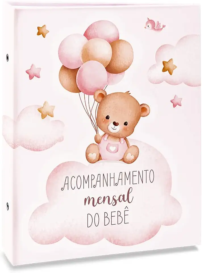 Álbum de fotos Ical, encadernação tradicional, para 80 fotos 15x21cm - linha Bebê Acompanhamento - modelo rosa - urso balões - 81