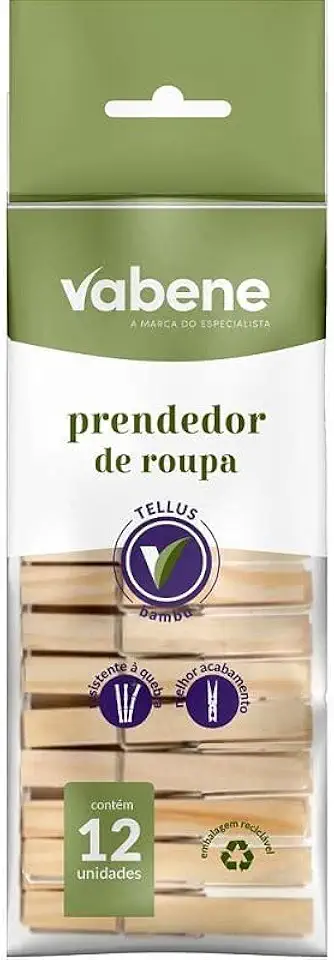 Prendedor de Roupa, Vabene, Bambu, 7 cm, Pacote com 12