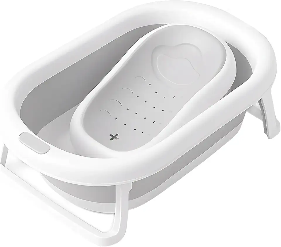 PIPDIP Kit Banheira Dobrável para Bebê, Modelo 2 em 1, Com Encosto, Capacidade de até 44 Litros, Portátil, Plástico e Borracha, Branco e Cinza.