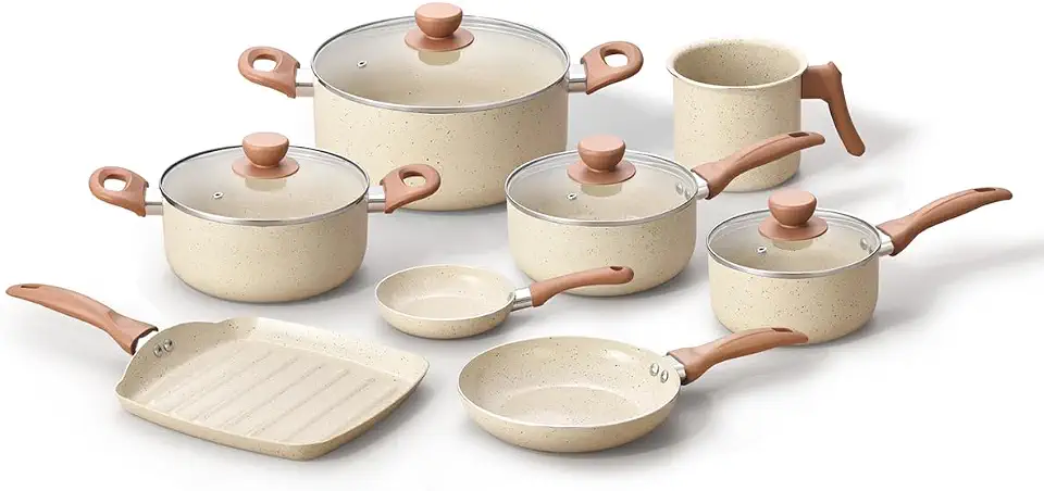 Oikos - Jogo com 8 Panelas Antiaderentes de Revestimento Cerâmica com Tampa de Vidro Terrara Bege com 5 Camadas para Fogão a Gás, Elétricos, Cerâmicos e Halogênio