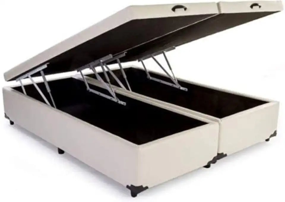 Cama Box QUEEN SIZE com Bau Pistão a gás corino bege Bipartido - 158x198x27