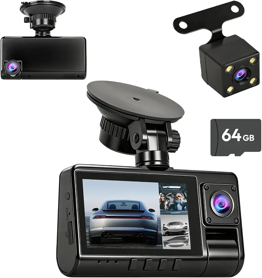 Câmera Veicular 3 Lentes Full HD 1080p, Dashcam Frontal, Interna e Traseira, Tela IPS 3,0 Polegadas, Ângulo 150°, 64GB