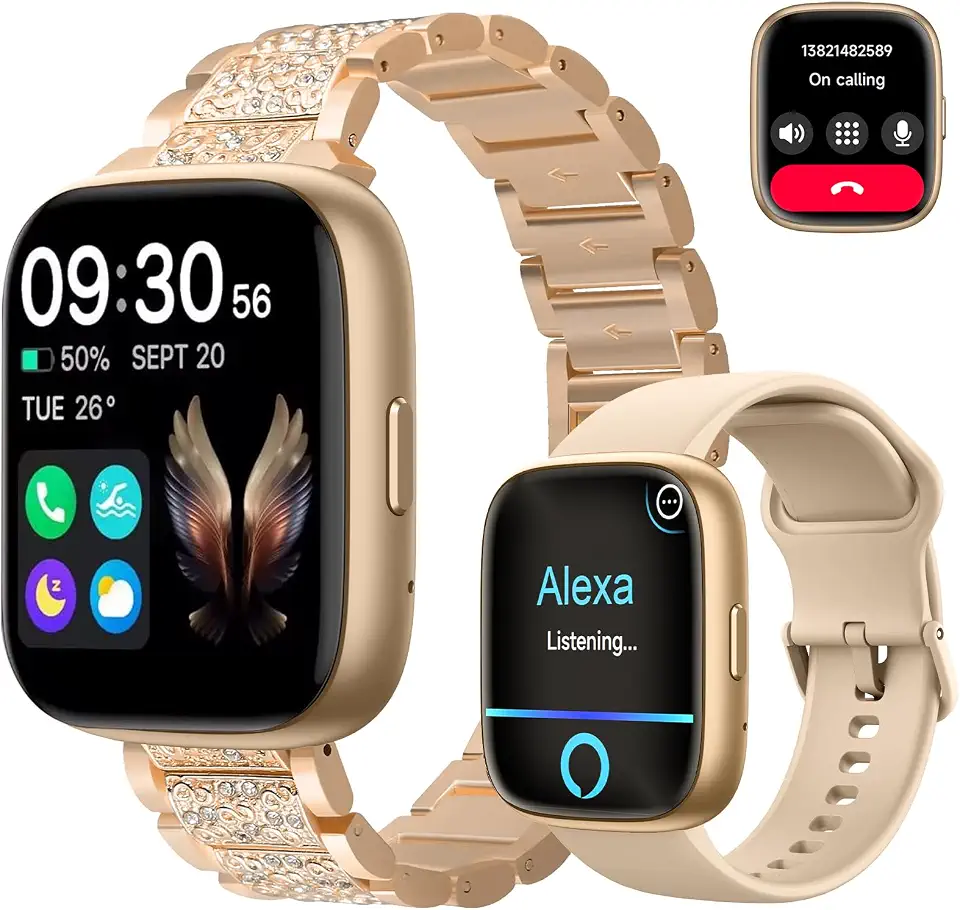 SmartWatch, relogio smartwatch com Ecrã tátil e Alexa, à prova d'água IP68, relogio smartwatch feminino e masculino, com modo esportivo e recebimento de notificações (Ouro rosê)
