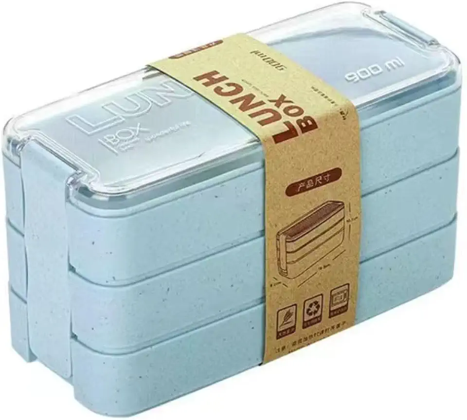 Marmita Térmica Japonesa 900ml com 3 Compartimentos Bento Box Premium Talheres Incluídos Alta Resistência e Eficiência Térmica (Bege) (Azul)