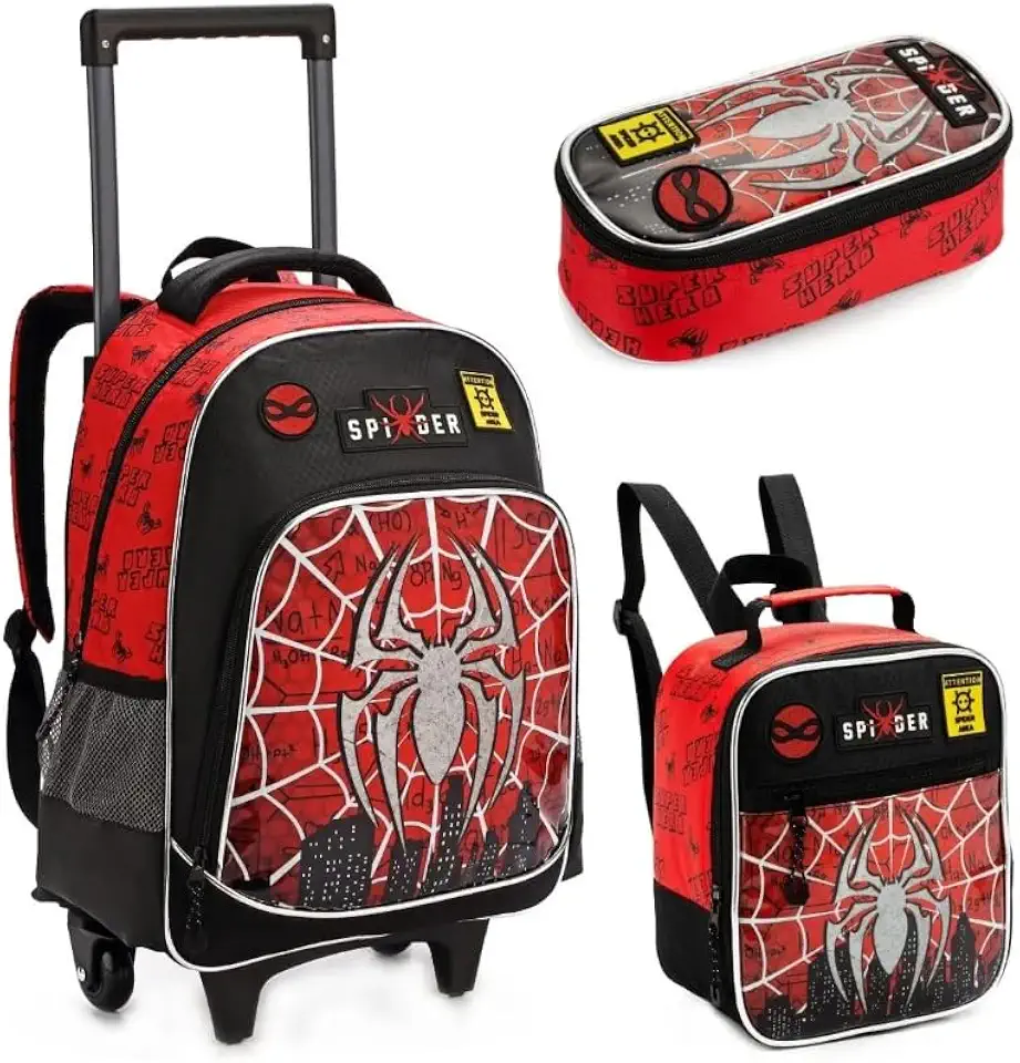 Kit Mochila Escolar Infantil com Rodinhas Spider 3 em 1 para Menino – Mochila + Lancheira Térmica + Estojo – Mochila de Rodinha Infantil Menino Tema Super-Herói
