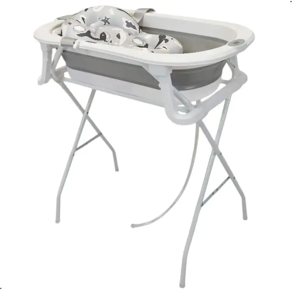 Banheira Dobrável Para Bebê Com Suporte Termômetro e Almofada Redutora Grey Branco Até 16Kg Premium Baby