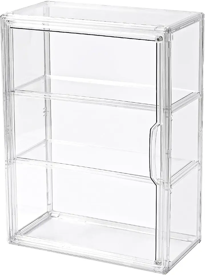 Vitrine de 3 Níveis para Colecionáveis, Caixa Expositora Transparente com 2 Pratos Móveis, Recipiente de Armazenamento com Porta Magnética (Grande - Pacote com 1)