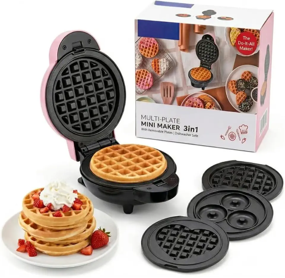 Máquina de Waffle e Donuts 110V 3 em 1 Mini - Waffleira Elétrica Compacta com Placas Removíveis com Formato Coração Laváveis em Lava-Louças, para Waffle, Donuts, para Café da Manhã Lanches, Sobremesas