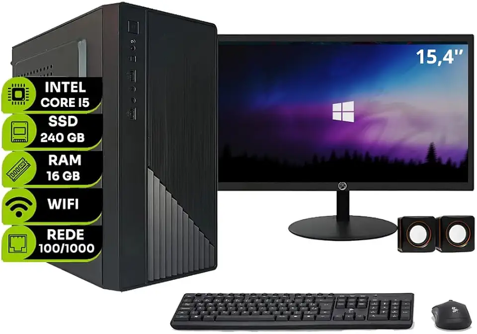 COMPUTADOR DESKTOP INTEL CORE I5 2400 16GB RAM SSD SATA 240GB MONITOR 15,4'' - KIT TECLADO, MOUSE E CAIXINHA DE SOM
