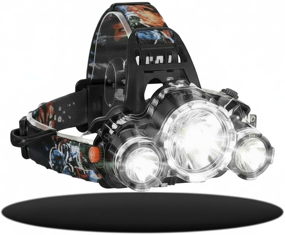 Lanterna de Cabeça LED Recarregável USB – Tripla Iluminação Potente, 4 Modos Ajustáveis, Faixa Confortável – Ideal para Corrida, Trilha, Pesca e Camping – Alta Autonomia