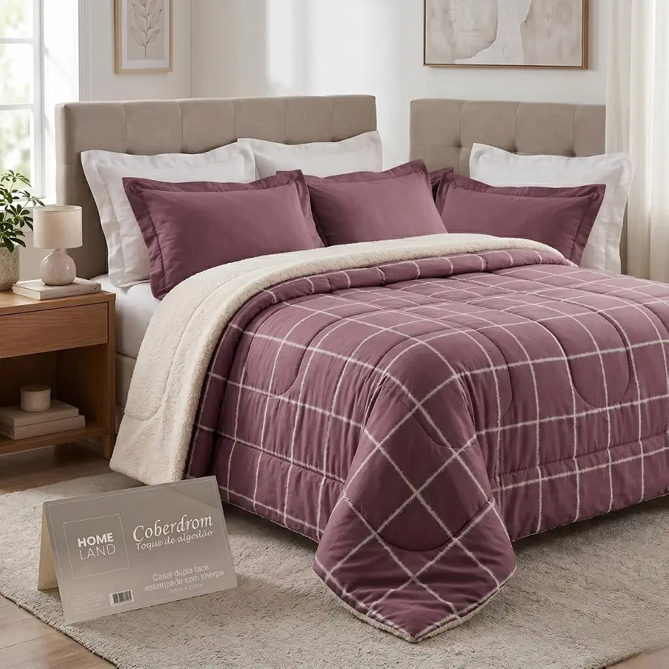 Edredom Casal Dupla Face Toque de Algodão com Sherpa 100% Anti-alérgico 195x215cm Conforto e Estilo Coberdrom (Rosa Quadriculado)