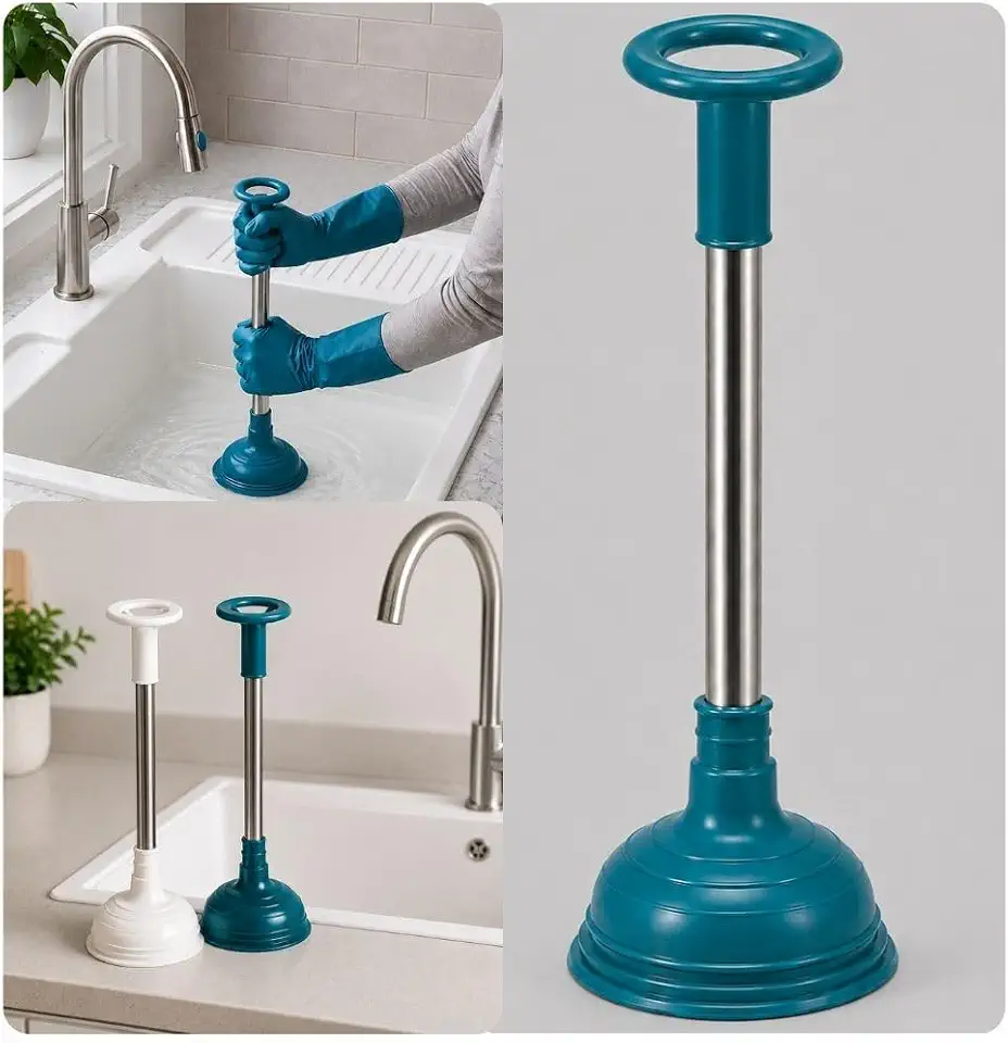 Desentupidor Pia Ralo Banheiro Cozinha Alta Pressao Ventosa Forte Cabo Metal Resistente Limpeza Encanamento Desobstrucao Manual Compacto Facil Uso Pia Tanque Vaso Sanitario Universal Multiuso (Azul)