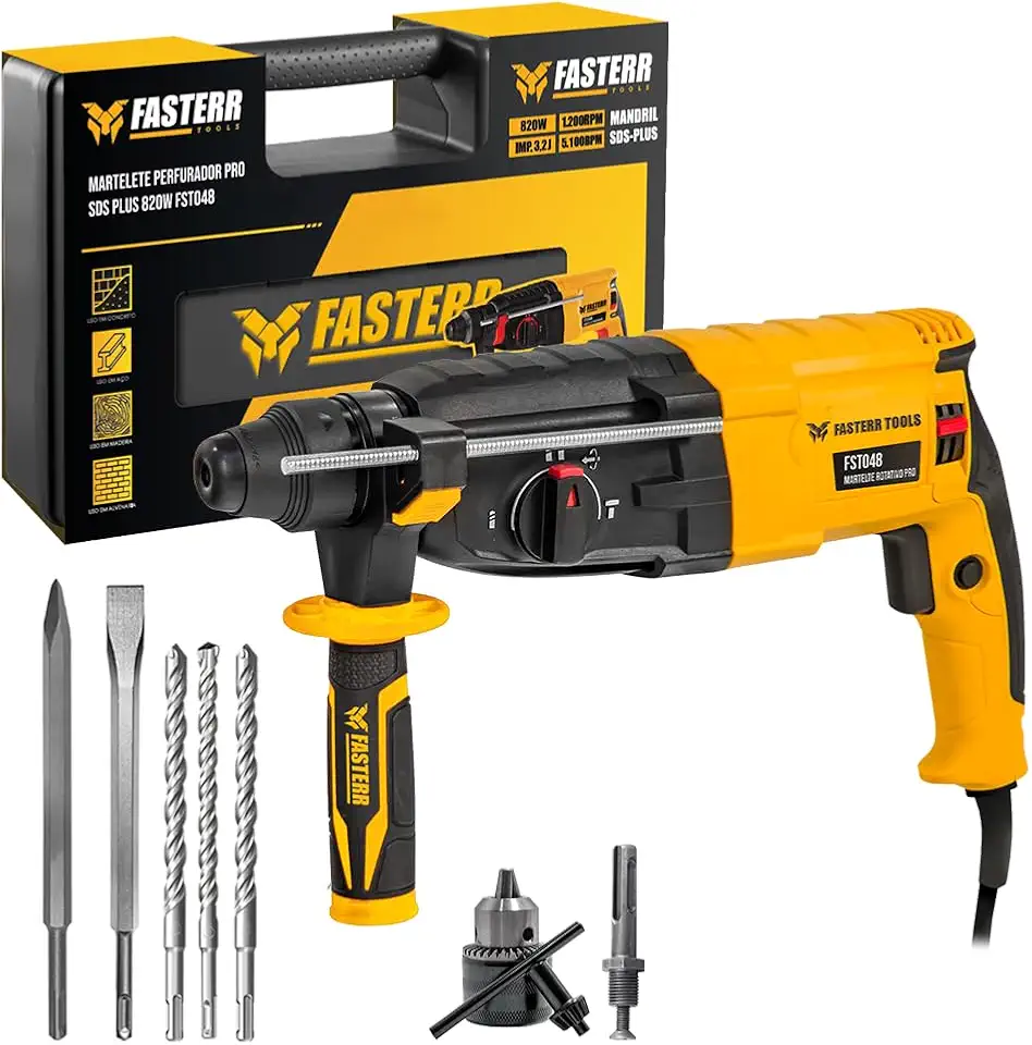 Martelete Rotativo 820W Fasterr FST047 SDS Plus com Maleta 127V – 3 Funções: Perfuração, Impacto e Rompimento | Alta Potência e Precisão Profissional
