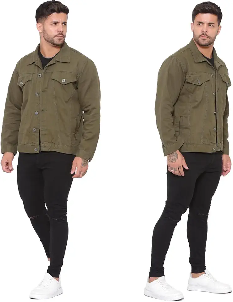 Jaqueta Jeans Masculina Verde Militar Casual com Bolsos e Fechamento em Botão