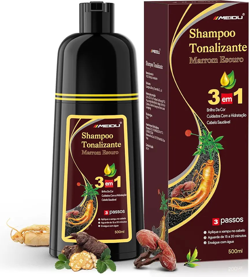 Shampoo Tonalizante Castanho Escuro 3 em 1 para Cabelos Grisalhos, Shampoo que Pinta o Cabelo para Mulheres e Homens,Tinta de Cabelo com Extratos Vegetais, Cobertura de Fios Brancos até 15 Dias, 500ml