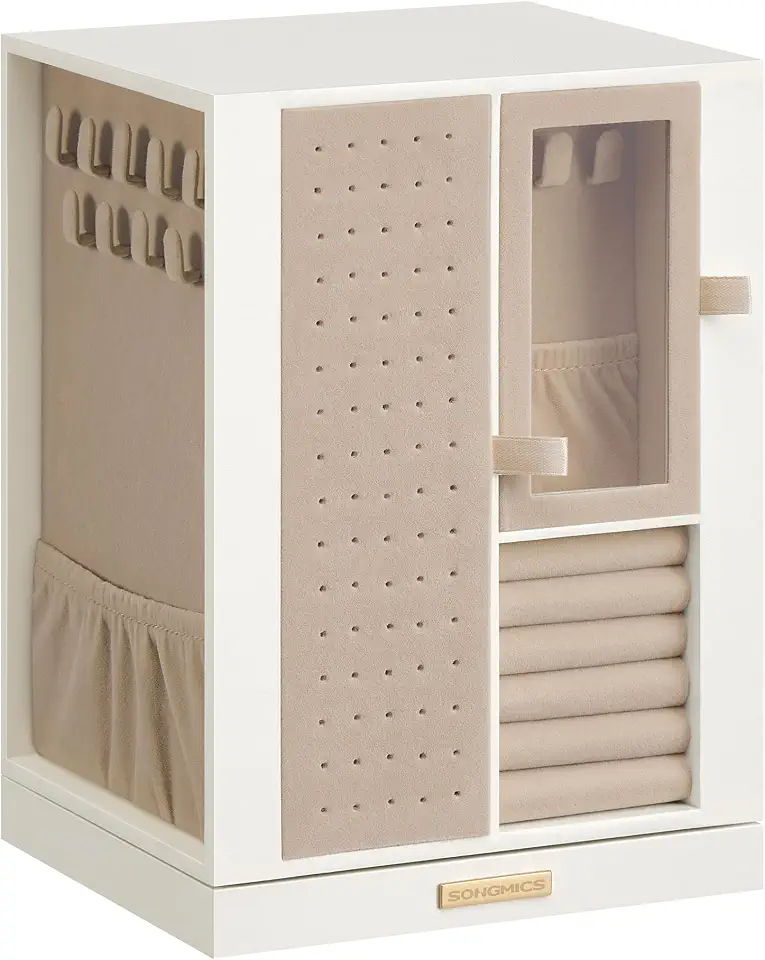 SONGMICS Porta-joias Giratório 360°, Caixa de Joias com 4 Gavetas, Organizador para Colares, Pulseiras, Anéis, Brincos, Ideia de Presente, Branco Creme BRJBC211WD01
