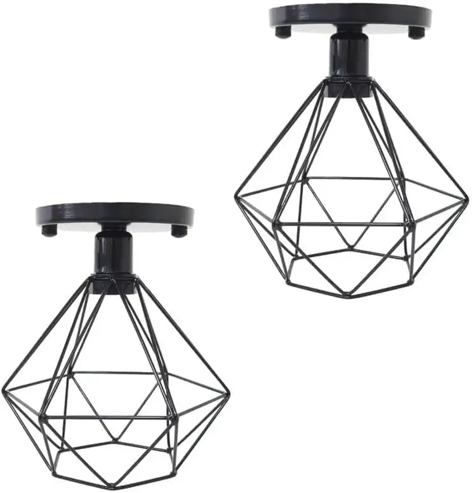 Kit 02 Lustre De Teto Industrial Luminária Plafon Retrô Aramado Diamante Sobrepor (Preto)