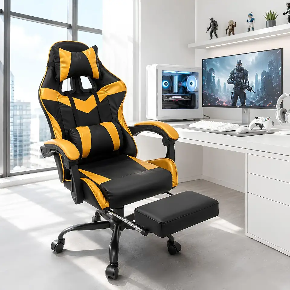 Cadeira Gamer BlackGold Ergonômica com Inclinação e Apoio para Pernas (Preto/Dourado, unidade, 1, 1)