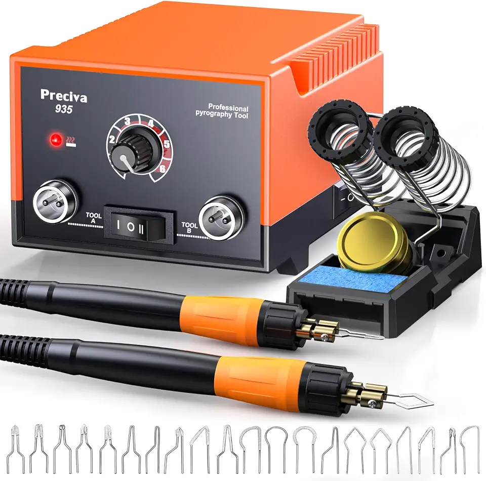 Preciva Kit de queima de madeira de cabo duplo 935 – Ferramenta profissional de pirografia com 20 pontas de fio e suporte de caneta | Temperatura ajustável de 482 ~ 750 °C | para queima de madeira